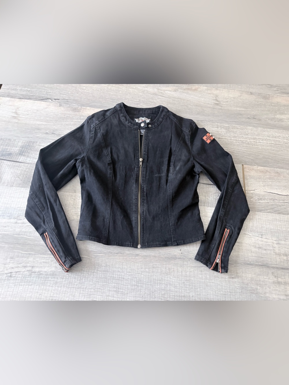 Womens motorcycle jacket black denim Harley Davidson
